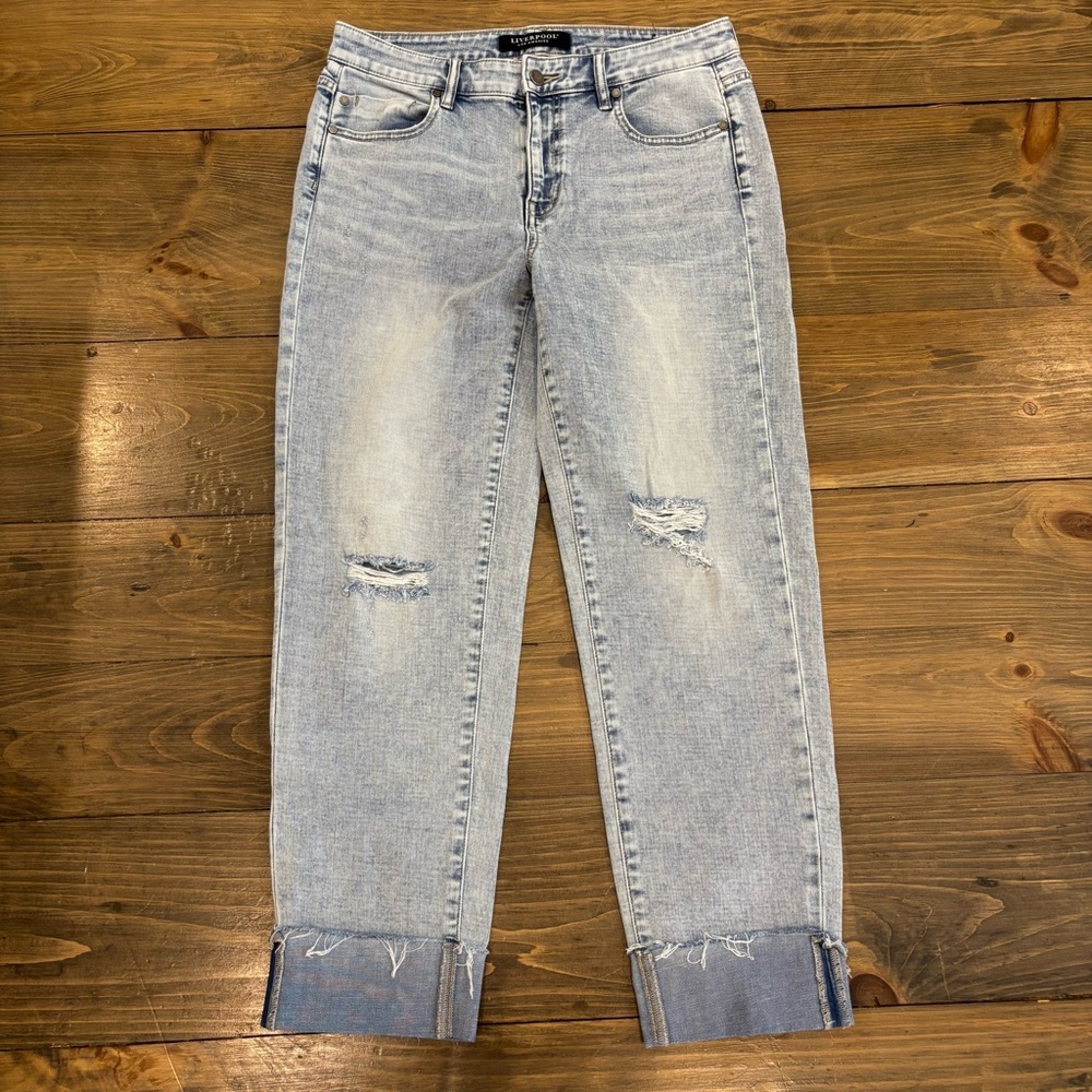 Liverpool Fixed Cuff Distressed Girlfriend Jeans, size 8